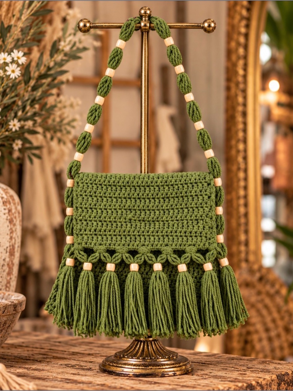 Olive Green Crochet Tassel Boho Hippie Shoulder Bag